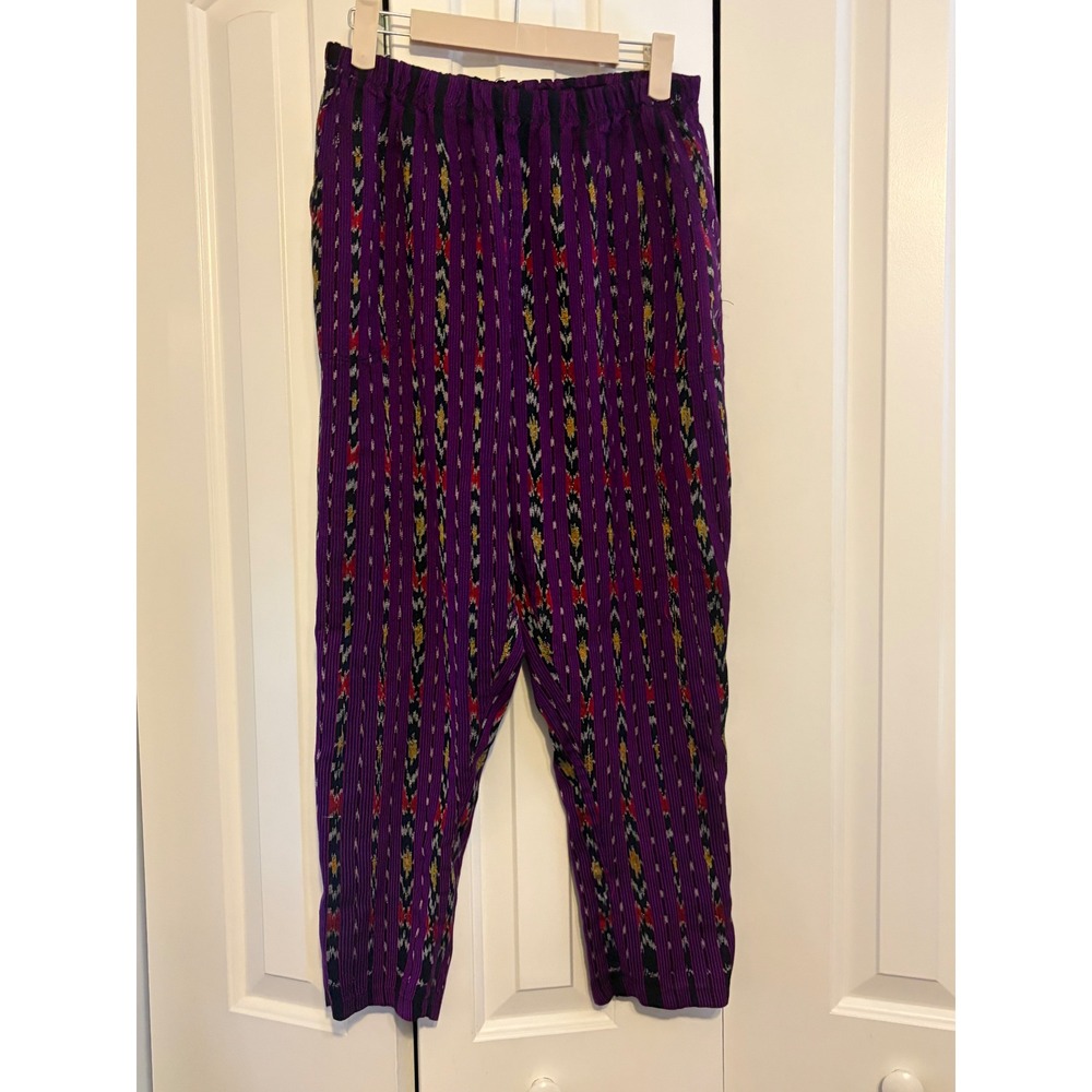 Purple Ikat Print Pants Bohemian Lightweight Elastic Waist Trousers OS - Picture 3 of 5